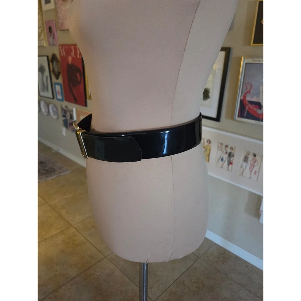 80's Black Patent Genuine Leather Wide Waist‎ Belt Brass Buckle Medium Taiwan